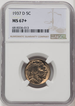 1937-D 5C Brown Label Buffalo Nickel NGC MS67+