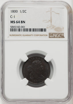 1800 1/2 C C-1 BN Half Cent NGC MS64