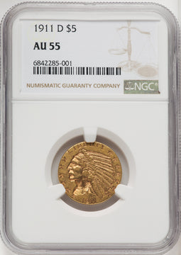 1911-D $5 Indian Half Eagle NGC AU55 (772543018)