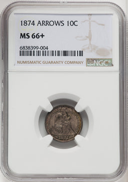 1874 10C ARROWS Seated Dime NGC MS66+