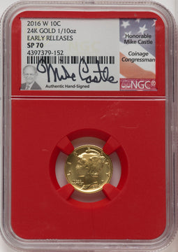 2016-W 10C Mercury Dime 100th Anniversary Gold Centennial ER Mike Castle NGC MS70