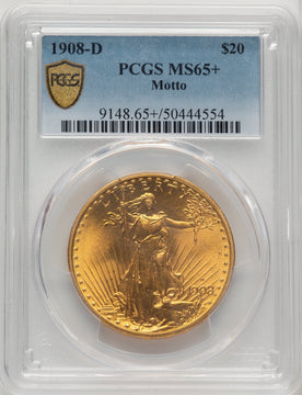 1908-D $20 MOTTO Saint-Gaudens Double Eagle PCGS MS65+