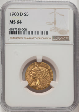 1908-D $5 Indian Half Eagle NGC MS64 (772556007)