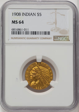 1908 $5 Indian Indian Half Eagle NGC MS64 (772556005)