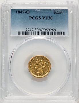 1847-O $2.50 Liberty Quarter Eagle PCGS VF30