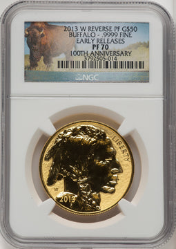 2013-W $50 One-Ounce Gold Buffalo Reverse Proof First Strike ER Bison Label NGC PF70 (773067003)