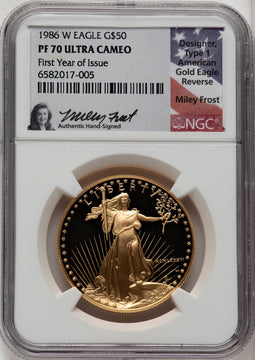 1986-W $50 One-Ounce Gold Eagle NGC PF70 Miley Frost