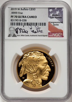 2019-W $50 One-Ounce American Buffalo .9999 Fine Gold Mike Castle Congressional Series NGC PF70