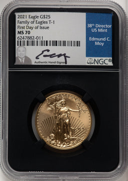 2021 $25 Half-Ounce Gold Eagle Type One First Day of Issue FDI Ed Moy Blk Core NGC MS70
