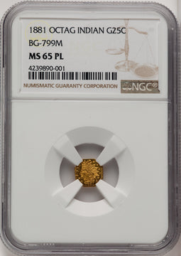 1881 25C BG-799M PL California Fractional Gold NGC MS65