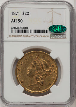 1871 $20 CAC Brown Label Liberty Double Eagle NGC AU50