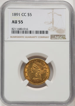 1891-CC $5 Liberty Half Eagle NGC AU55