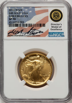 2016-W 50C Walking Liberty 100th Anniversary Gold Centennial ER Miles Standish NGC MS70