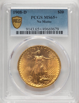 1908-D $20 NO MOTTO Saint-Gaudens Double Eagle PCGS MS65+