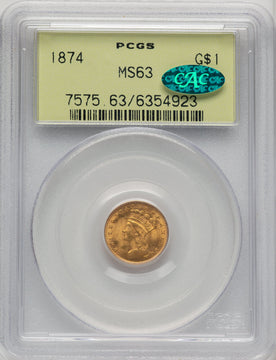 1874 G$1 CAC Gold Dollar PCGS MS63