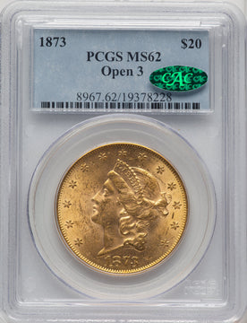 1873 $20 OPEN 3 CAC Liberty Double Eagle PCGS MS62