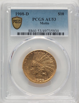 1908-D $10 MOTTO Indian Eagle PCGS AU53