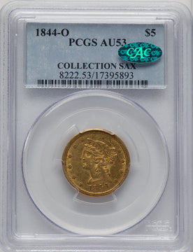 1844-O $5 CAC Liberty Half Eagle PCGS AU53