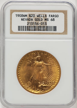 1908 NM $20 Wells Fargo Saint-Gaudens Double Eagle NGC MS68 (774243001)