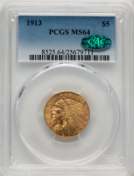 1913 $5 CAC Indian Half Eagle PCGS MS64