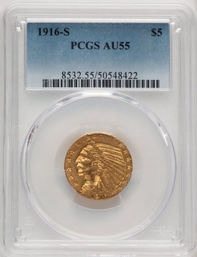 1916-S $5 Indian Half Eagle PCGS AU55