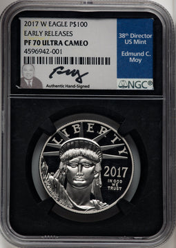 2017-W $100 One-Ounce Platinum Eagle Statue of Liberty 20th Anniversary ER Ed Moy Blk Core NGC PF70