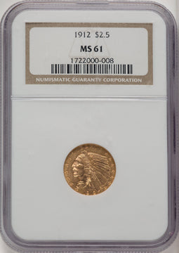 1912 $2.50 Brown Label Indian Quarter Eagle NGC MS61