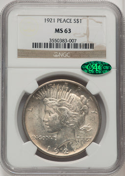1921 Peace CAC Peace Dollar NGC MS63