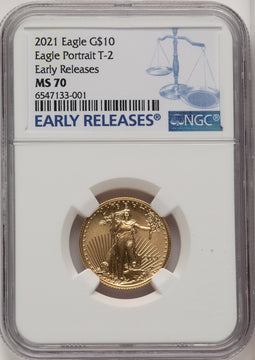 2021 $10 Quarter Ounce Gold Eagle Type Two First Strike ER Blue NGC MS70