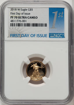 2018-W $5 Tenth Ounce Gold Eagle First Day of Issue FDI 1ST NGC PF70
