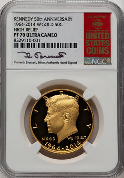 2014-W 50C Kennedy Gold 50th Anniversary Kenneth Bressett Red Book Proof Kennedy Half Dollar NGC PR70