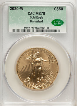 2020-W $50 One Ounce Gold Eagle Burnished Brown Label CACG SP70