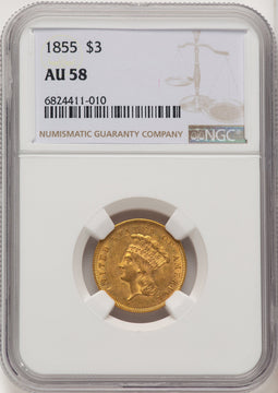1855 $3 Three Dollar Gold Pieces NGC AU58