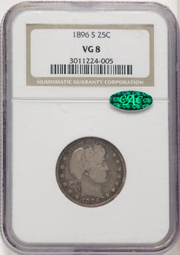 1896-S 25C CAC Barber Quarter NGC VG8