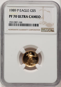 1989-P $5 Tenth-Ounce Gold Eagle Brown Label NGC PF70 (520625035)