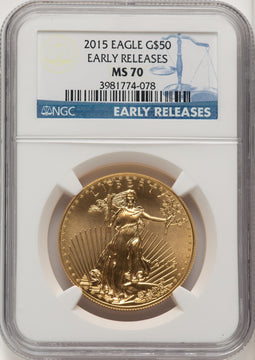 2015 $50 One-Ounce Gold Eagle ER Blue NGC MS70