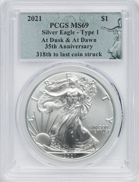 2021 $1 One-Ounce Silver Eagle Type 1 At Dusk & Dawn 35th Anniversary 318th PCGS MS69
