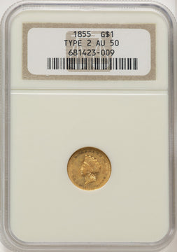 1855 G$1 Type Two Gold Dollar NGC AU50
