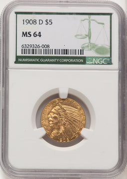 1908-D $5 Green Label Indian Half Eagle NGC MS64 (774667022)
