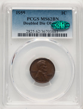 1955 Doubled Die Obverse BN CAC Lincoln Cent PCGS MS62