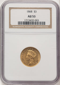 1868 $3 Three Dollar Gold Pieces NGC AU53