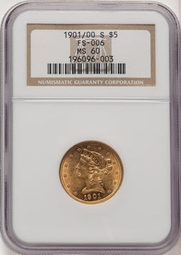 1901/0-S $5 FS-301 Liberty Half Eagle NGC MS60