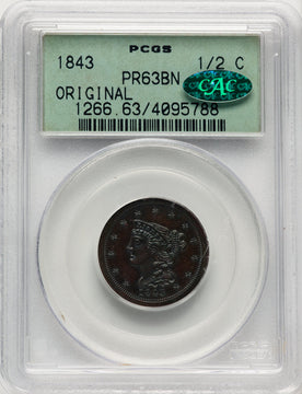 1843 1/2 C ORIGINAL BN CAC Proof Half Cent PCGS PR63
