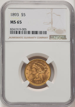 1893 $5 Liberty Half Eagle NGC MS65