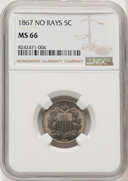 1867 5C NO RAYS Shield Nickel NGC MS66