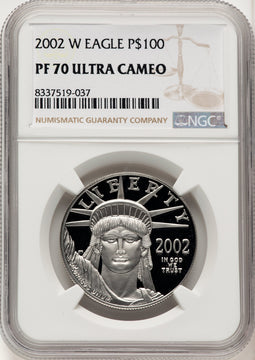 2002-W $100 One-Ounce Platinum Eagle Statue of Liberty Brown Label NGC PF70 (775329009)