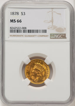 1878 $3 Three Dollar Gold Pieces NGC MS66