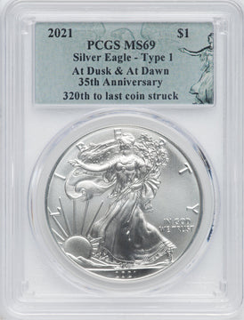 2021 $1 One-Ounce Silver Eagle Type 1 At Dusk & Dawn 35th Anniversary 320th PCGS MS69