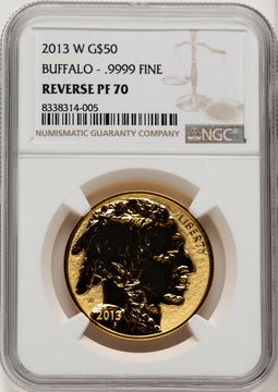 2013-W $50 One-Ounce Gold Buffalo Reverse Proof 100th Anniversary Brown Label NGC PF70 (775057030)