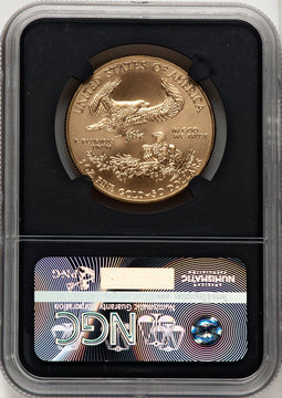 2018-W G$50 One Ounce Burnished Gold Eagle First Day of Issue FDI Elizabeth Jones Blk Core NGC MS70 (520704193)